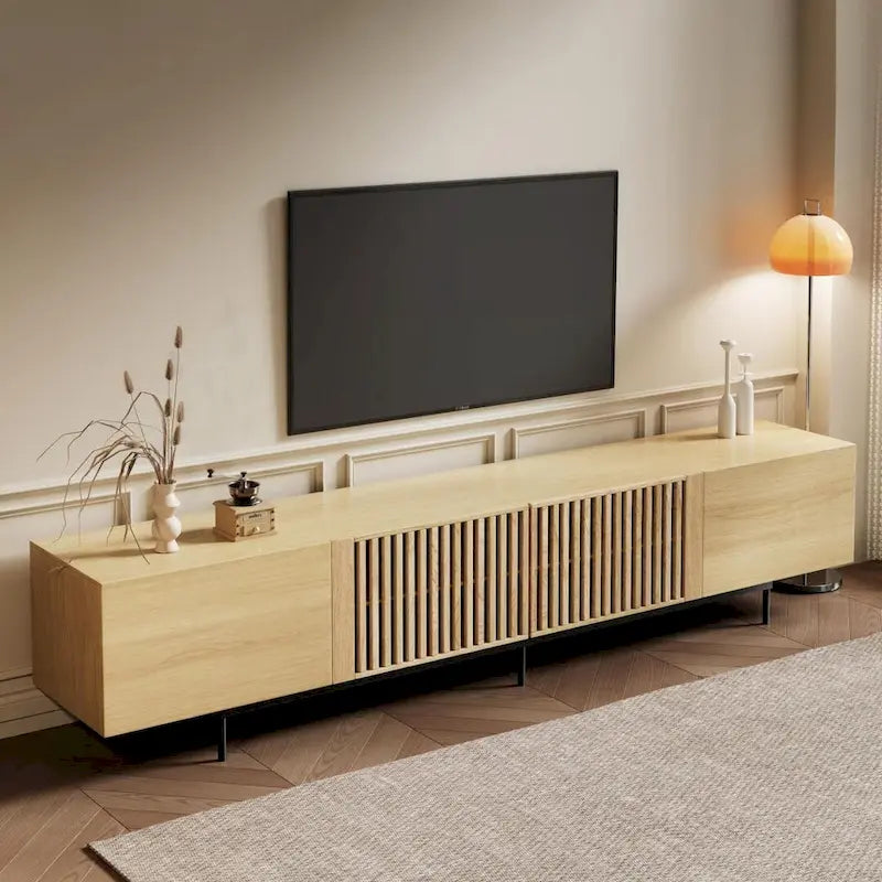 Meuble TV élégant de style moderne du milieu du siècle, pouvant accueillir des téléviseurs jusqu'à 80 pouces. Nombreux rangements pour appareils multimédias, gestion des câbles. Montage facile.