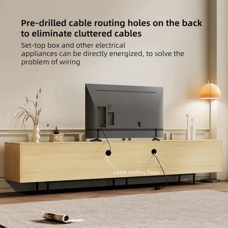 Meuble TV élégant de style moderne du milieu du siècle, pouvant accueillir des téléviseurs jusqu'à 80 pouces. Nombreux rangements pour appareils multimédias, gestion des câbles. Montage facile.