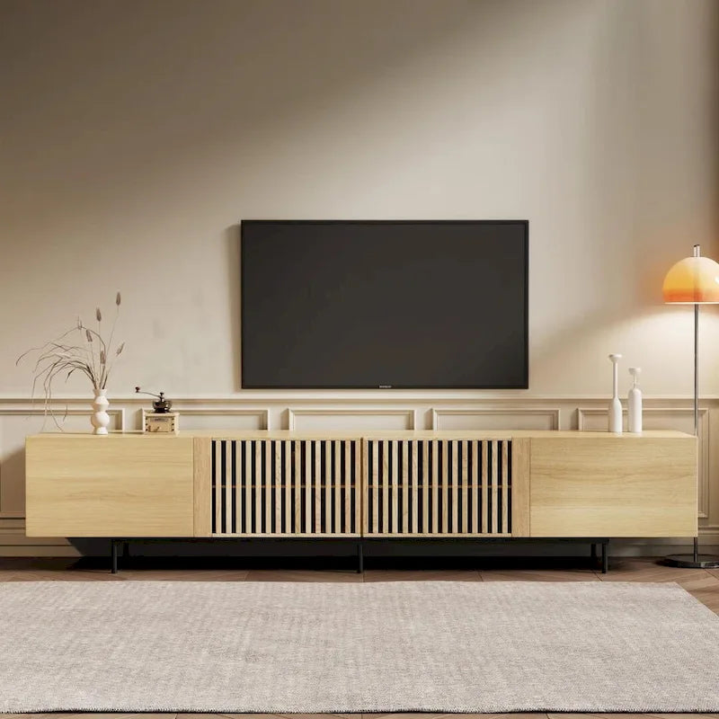 Meuble TV élégant de style moderne du milieu du siècle, pouvant accueillir des téléviseurs jusqu'à 80 pouces. Nombreux rangements pour appareils multimédias, gestion des câbles. Montage facile.