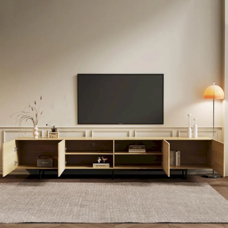 Meuble TV élégant de style moderne du milieu du siècle, pouvant accueillir des téléviseurs jusqu'à 80 pouces. Nombreux rangements pour appareils multimédias, gestion des câbles. Montage facile.