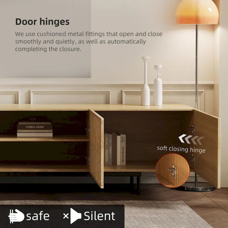 Meuble TV élégant de style moderne du milieu du siècle, pouvant accueillir des téléviseurs jusqu'à 80 pouces. Nombreux rangements pour appareils multimédias, gestion des câbles. Montage facile.