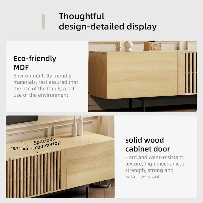 Meuble TV élégant de style moderne du milieu du siècle, pouvant accueillir des téléviseurs jusqu'à 80 pouces. Nombreux rangements pour appareils multimédias, gestion des câbles. Montage facile.