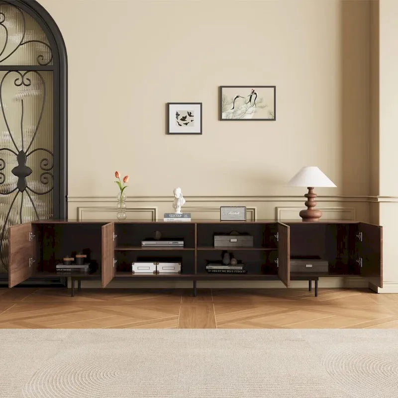 Meuble TV élégant de style moderne du milieu du siècle, pouvant accueillir des téléviseurs jusqu'à 80 pouces. Nombreux rangements pour appareils multimédias, gestion des câbles. Montage facile.