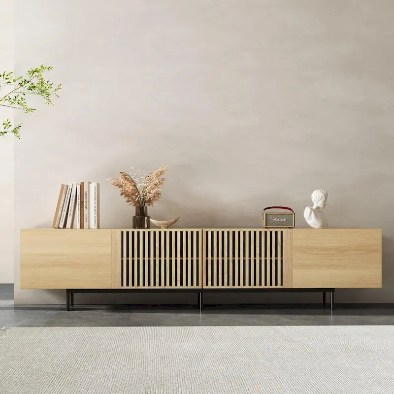 Meuble TV élégant de style moderne du milieu du siècle, pouvant accueillir des téléviseurs jusqu'à 80 pouces. Nombreux rangements pour appareils multimédias, gestion des câbles. Montage facile.