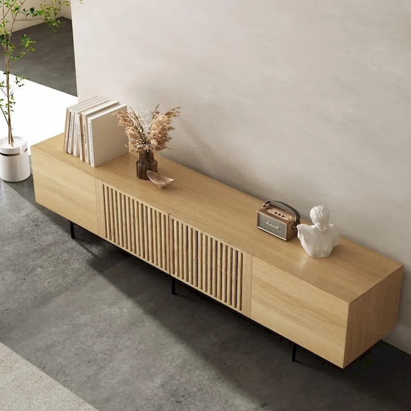 Meuble TV élégant de style moderne du milieu du siècle, pouvant accueillir des téléviseurs jusqu'à 80 pouces. Nombreux rangements pour appareils multimédias, gestion des câbles. Montage facile.