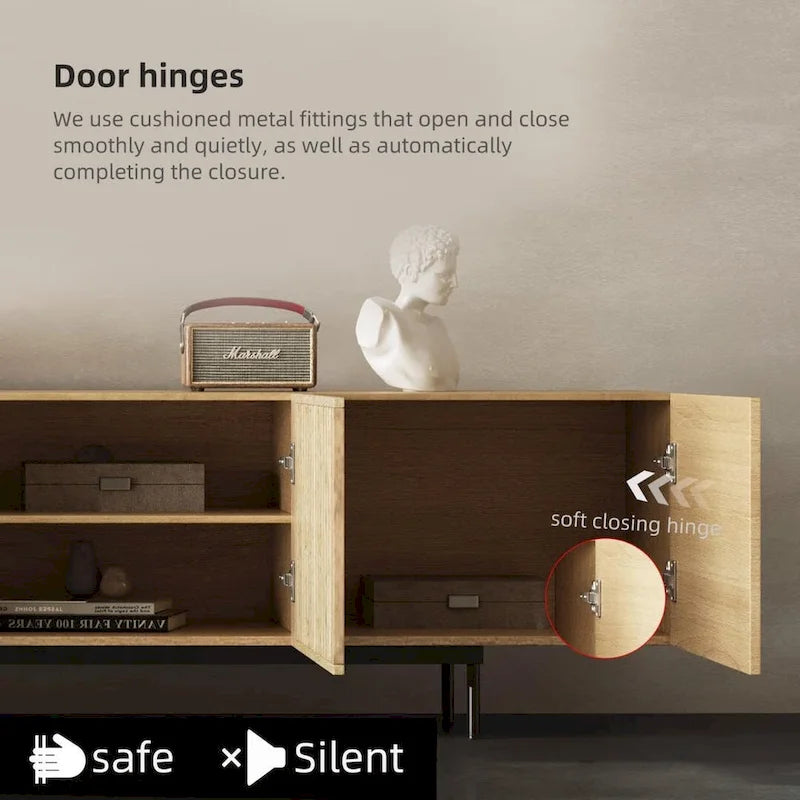 Meuble TV élégant de style moderne du milieu du siècle, pouvant accueillir des téléviseurs jusqu'à 80 pouces. Nombreux rangements pour appareils multimédias, gestion des câbles. Montage facile.