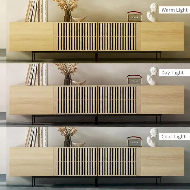 Meuble TV élégant de style moderne du milieu du siècle, pouvant accueillir des téléviseurs jusqu'à 80 pouces. Nombreux rangements pour appareils multimédias, gestion des câbles. Montage facile.