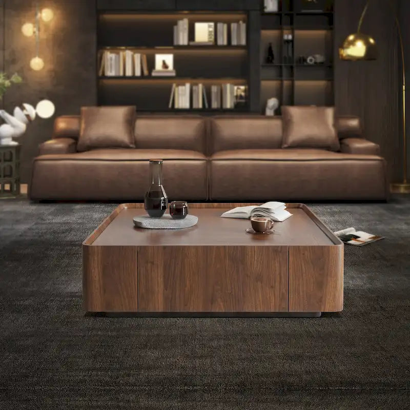 Mid-Century Modern Suqare Wood Finish Coffee Table with Drawers