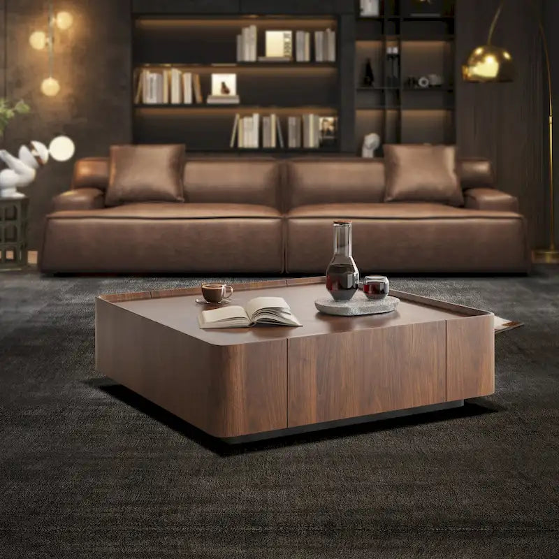 Table basse carrée moderne du milieu du siècle avec finition bois et tiroirs