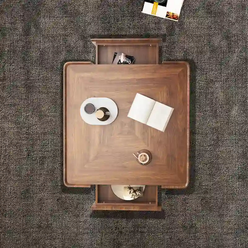 Table basse carrée moderne du milieu du siècle avec finition bois et tiroirs