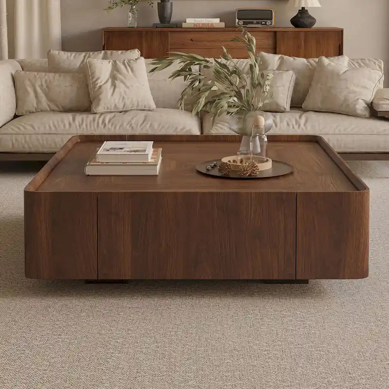 Table basse carrée moderne du milieu du siècle avec finition bois et tiroirs