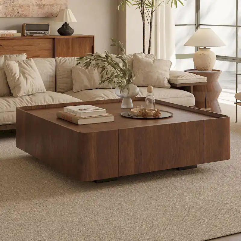 Table basse carrée moderne du milieu du siècle avec finition bois et tiroirs