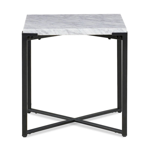20 Inch Modern Side End Table, Carrara Marble Top, Steel Frame, Smooth Gray