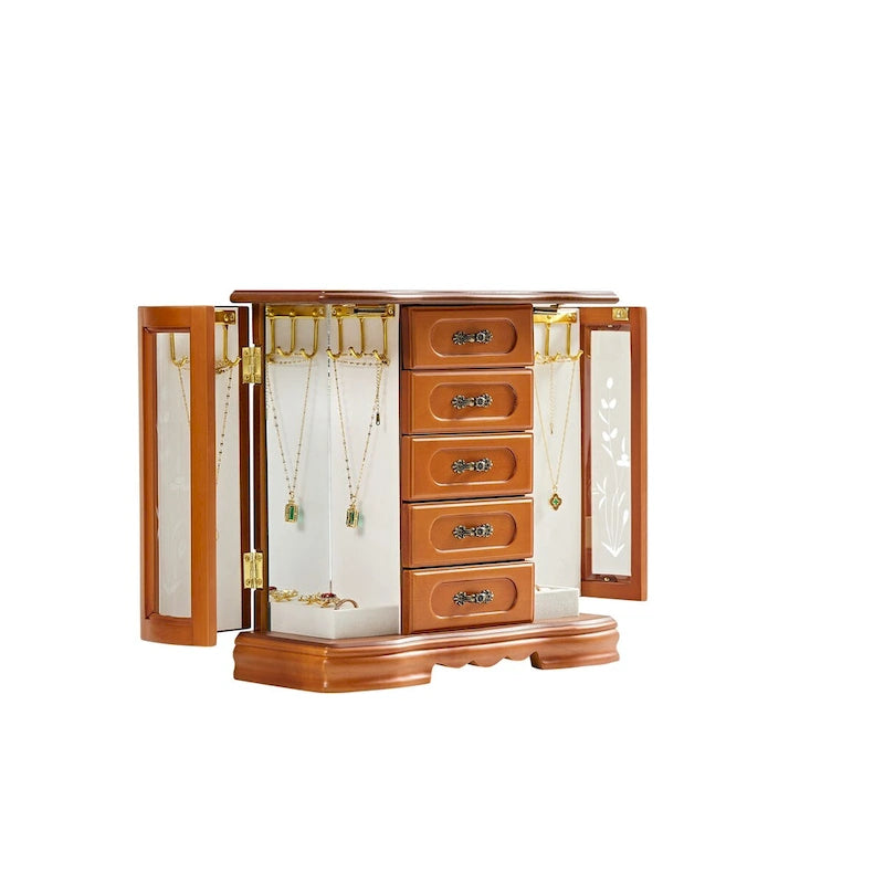Coffret à bijoux Stufurhome en bois massif, 5 tiroirs, crochet pour collier intégré et miroir, marron