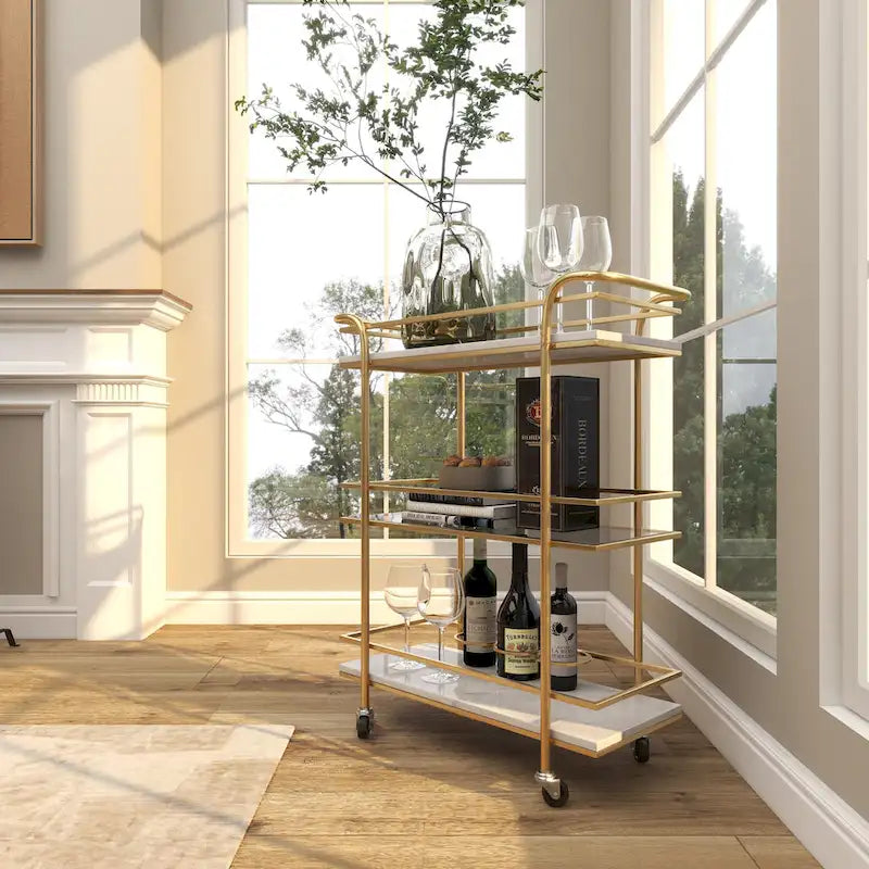 Chariot de bar roulant en marbre doré avec 1 plateau en verre et 2 étagères en marbre, poignées incluses - Roche River Decor