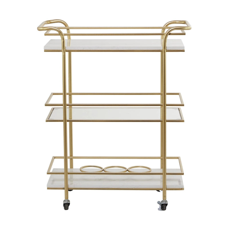 Chariot de bar roulant en marbre doré avec 1 plateau en verre et 2 étagères en marbre, poignées incluses - Roche River Decor