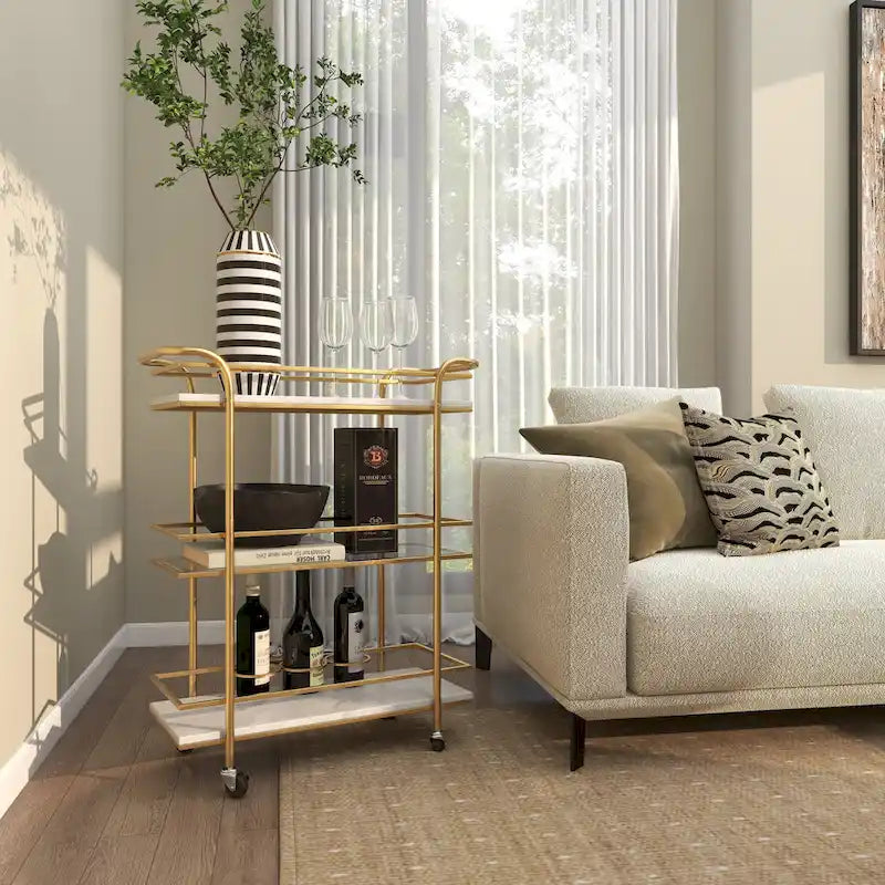 Chariot de bar roulant en marbre doré avec 1 plateau en verre et 2 étagères en marbre, poignées incluses - Roche River Decor