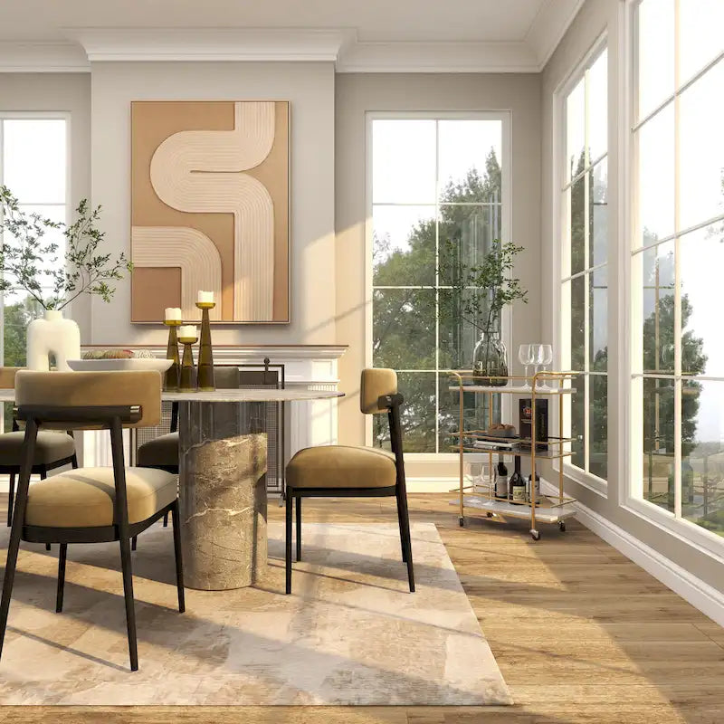 Chariot de bar roulant en marbre doré avec 1 plateau en verre et 2 étagères en marbre, poignées incluses - Roche River Decor