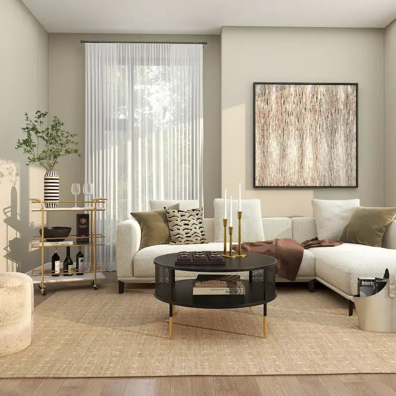 Chariot de bar roulant en marbre doré avec 1 plateau en verre et 2 étagères en marbre, poignées incluses - Roche River Decor