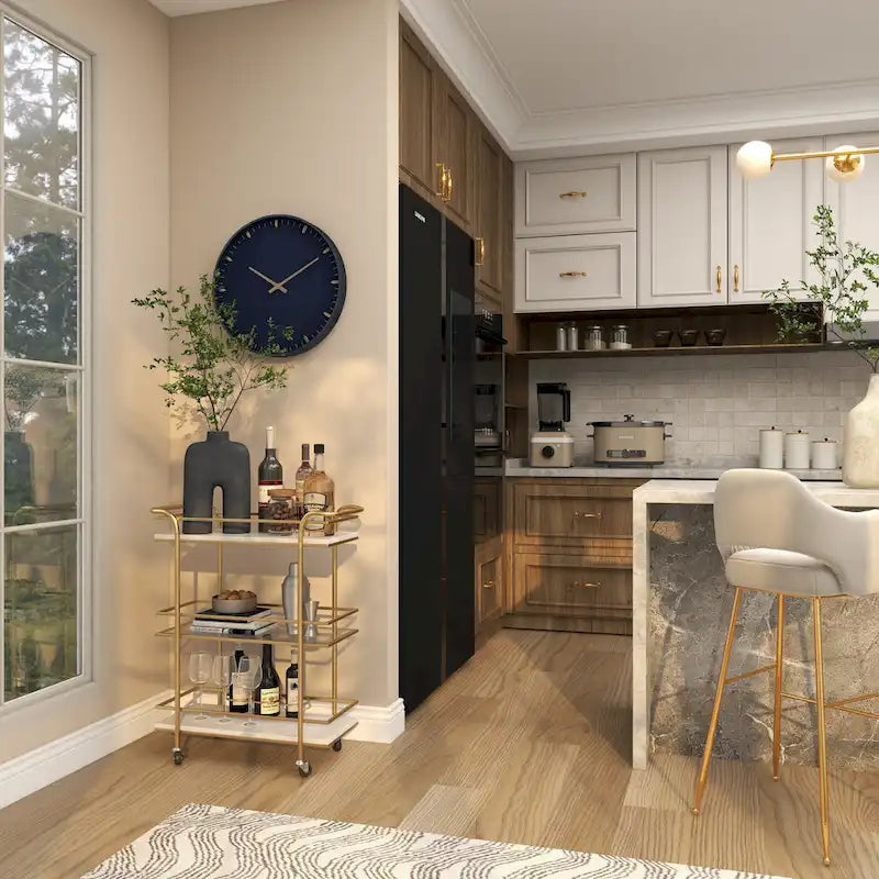 Chariot de bar roulant en marbre doré avec 1 plateau en verre et 2 étagères en marbre, poignées incluses - Roche River Decor