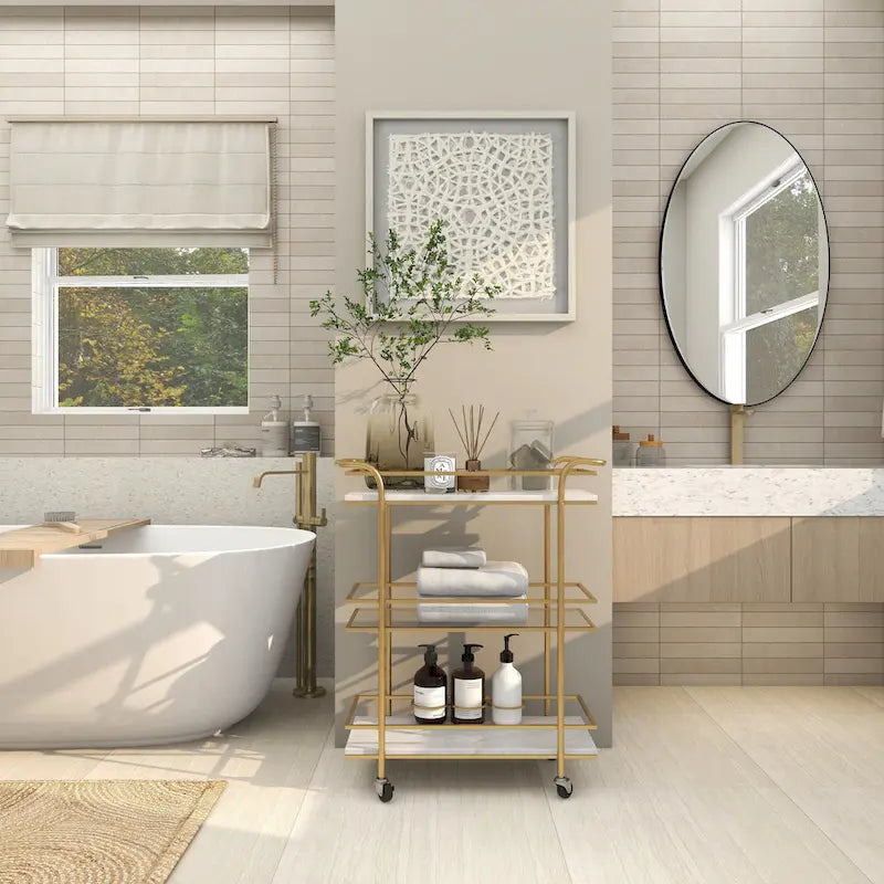 Chariot de bar roulant en marbre doré avec 1 plateau en verre et 2 étagères en marbre, poignées incluses - Roche River Decor