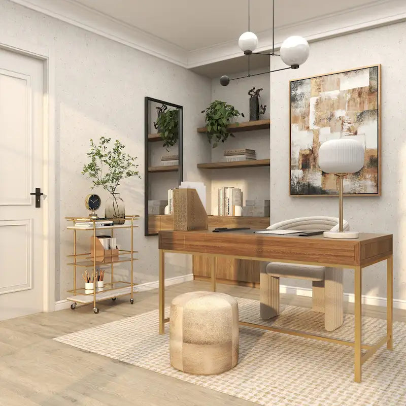 Chariot de bar roulant en marbre doré avec 1 plateau en verre et 2 étagères en marbre, poignées incluses - Roche River Decor